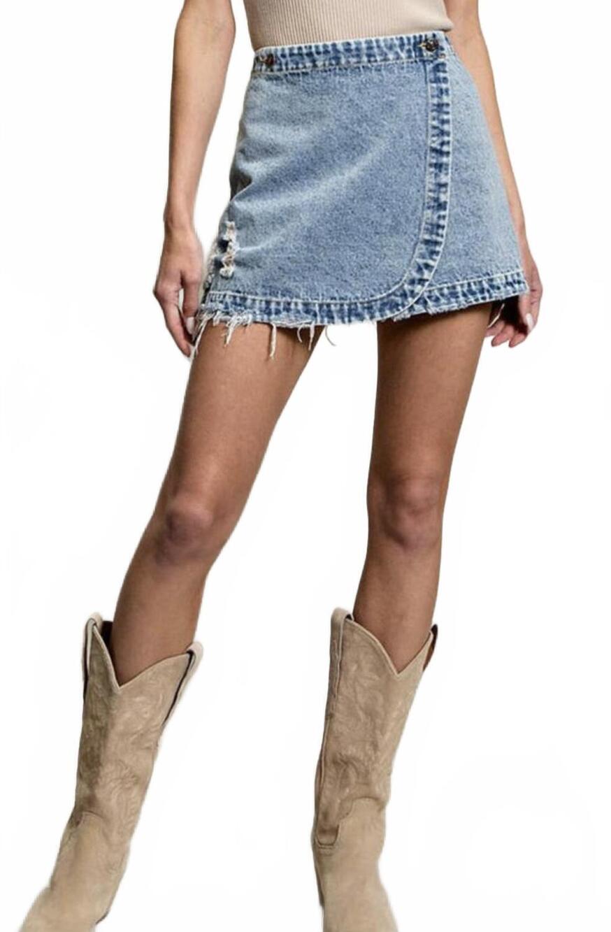 NEW EE:SOME denim wrap mini skirt in stonewash